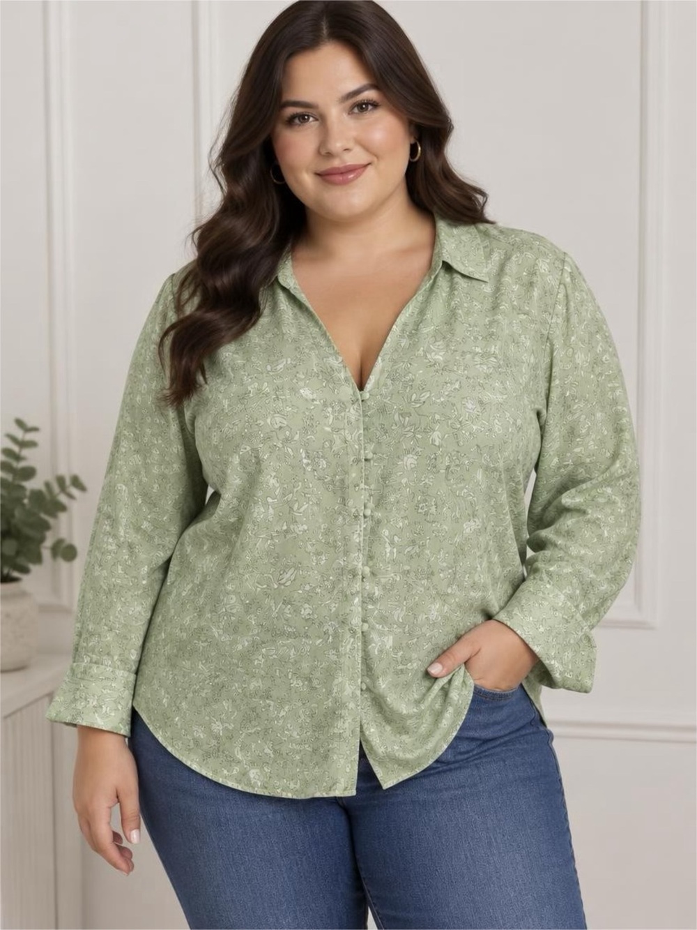 Zara XL Sage Green Floral silk Button-Down Shirt NWOT